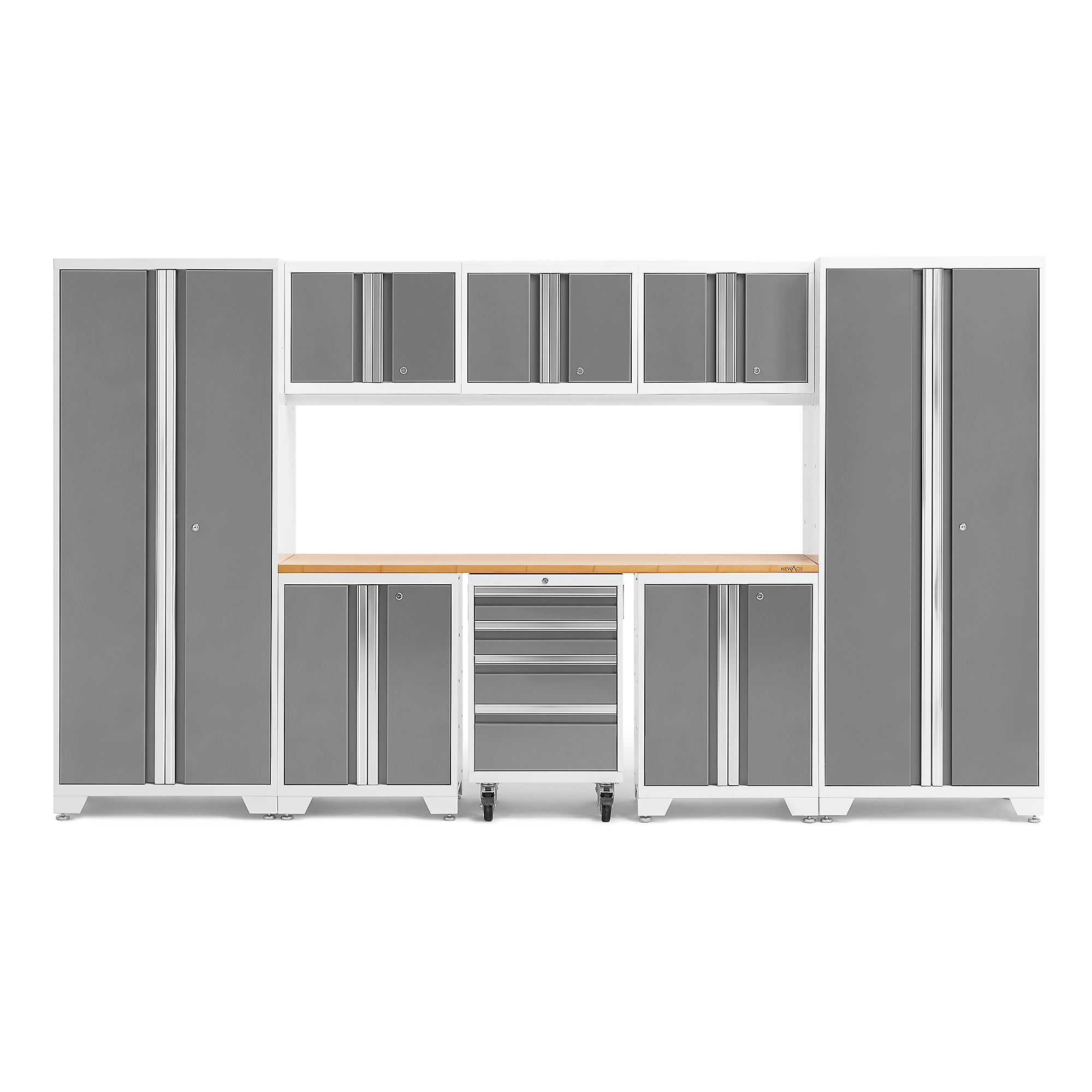 NewAge Products, Bold Series White 9-Pc. Steel Garage Cabinet Set, Width 132 in, Height 76.75 in, Depth 18 in, Model# 54992